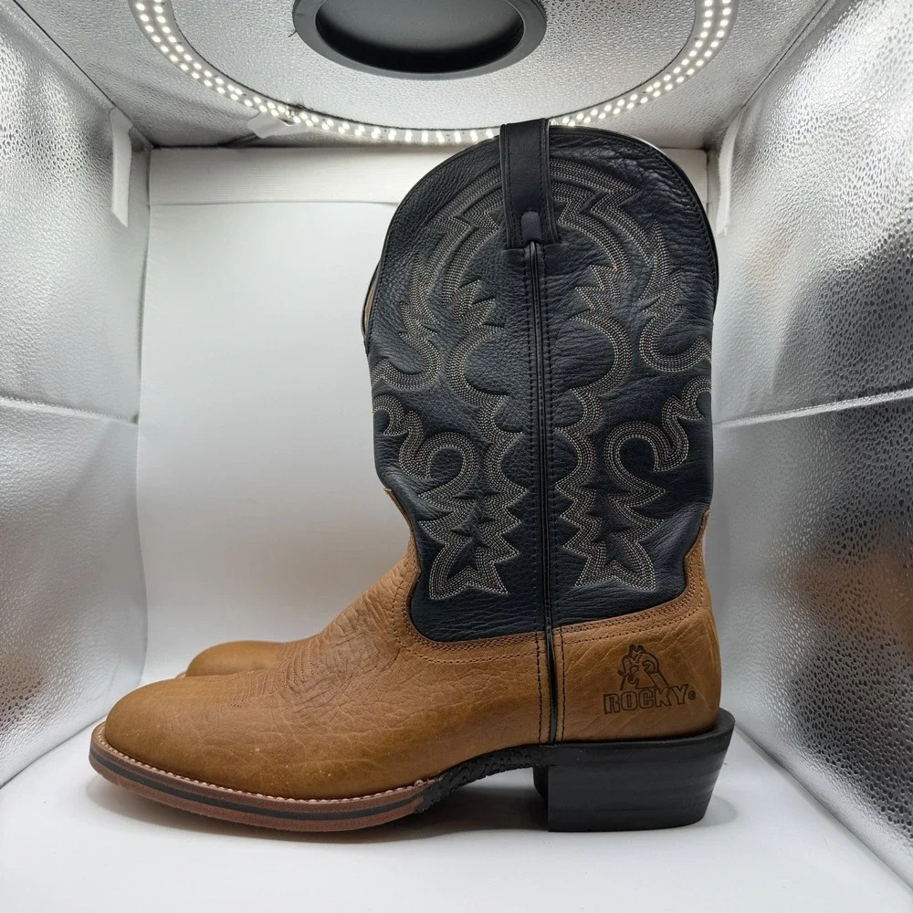 Rocky Men's 10 M Western Cowboy Boots Leather Square Toe Navy Brown Stitch 2608